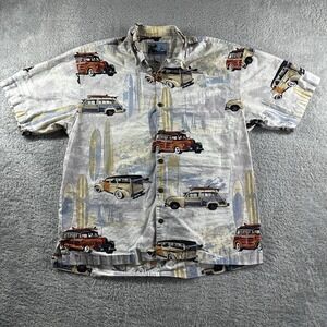 Aftco Hawaiian Shirt Mens Large AOP Vintage‎ Cars Blue Water Santa Monica Surf